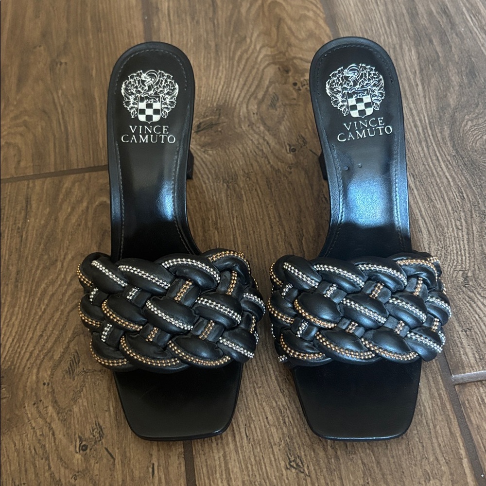 Vince Camuto Black and Gold and Silver  Braided Slide Sandals